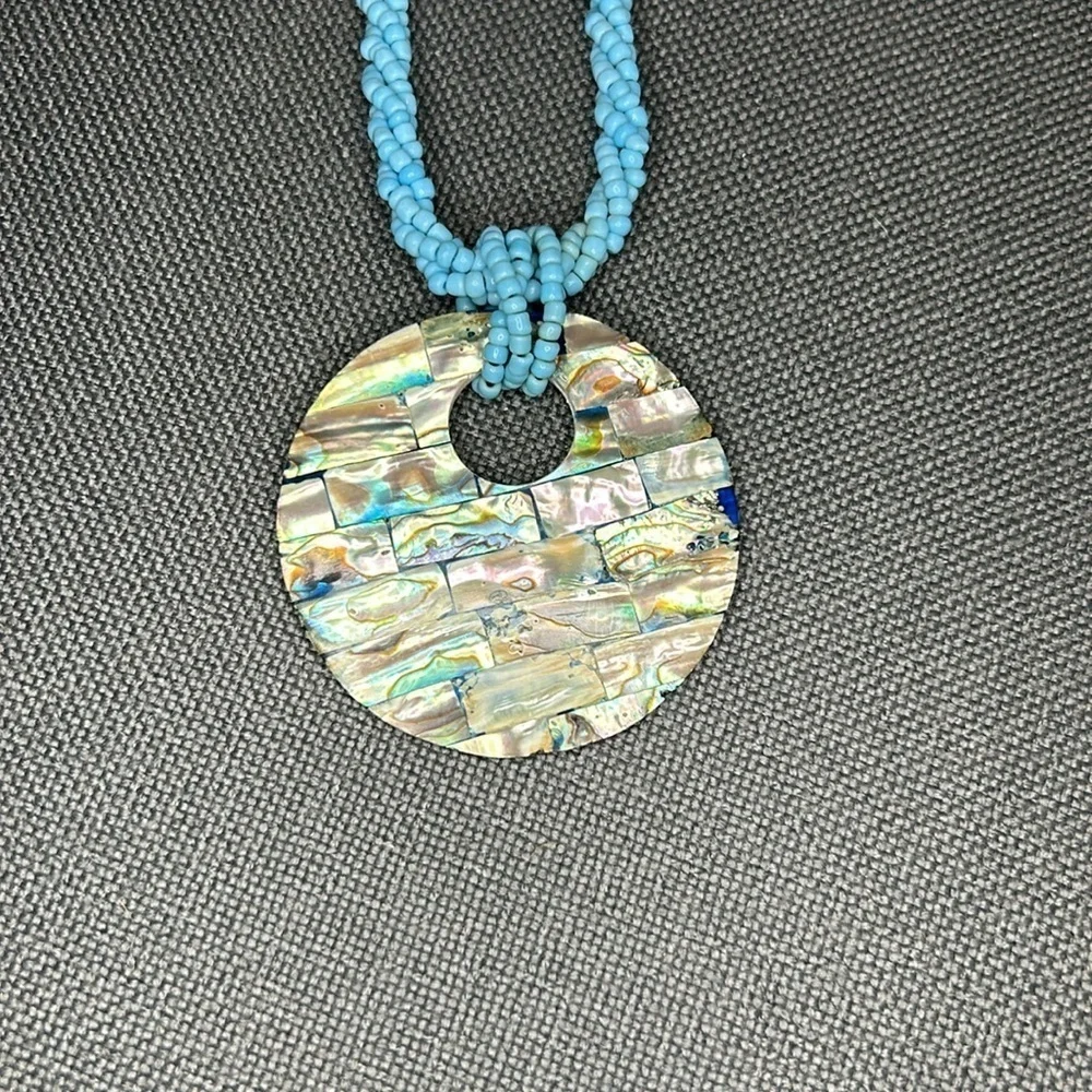 Turquoise Beaded Necklace with Shell Mosaic Pendant